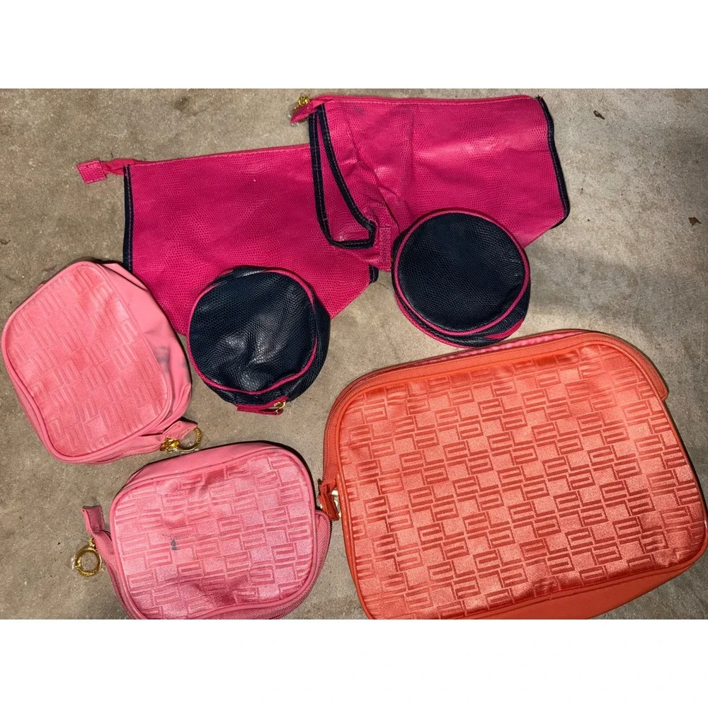 Estee Lauder Pink Coral‎ Cosmetic Bag Travel Pouch Lot 6 Piece Set Geometric